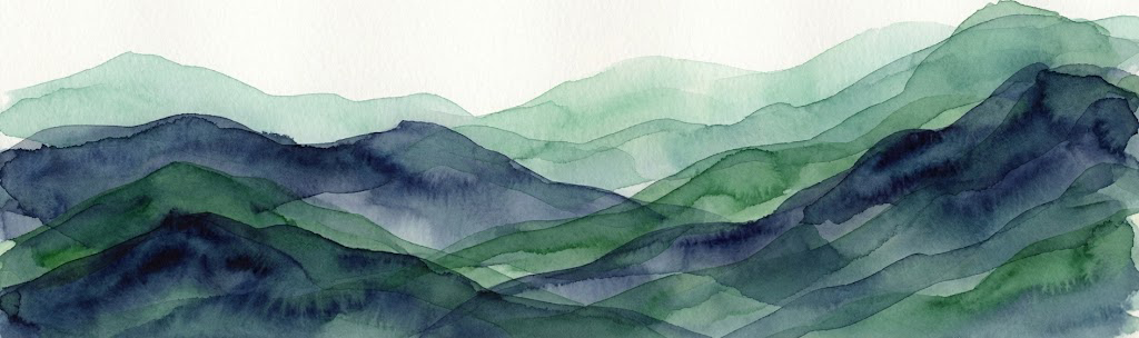 Watercolor mountain landscape in blue and green tones
