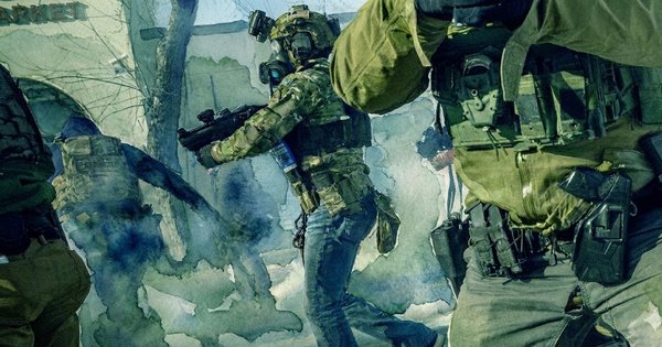 Heavily armed tactical officers in military gear on a residential street